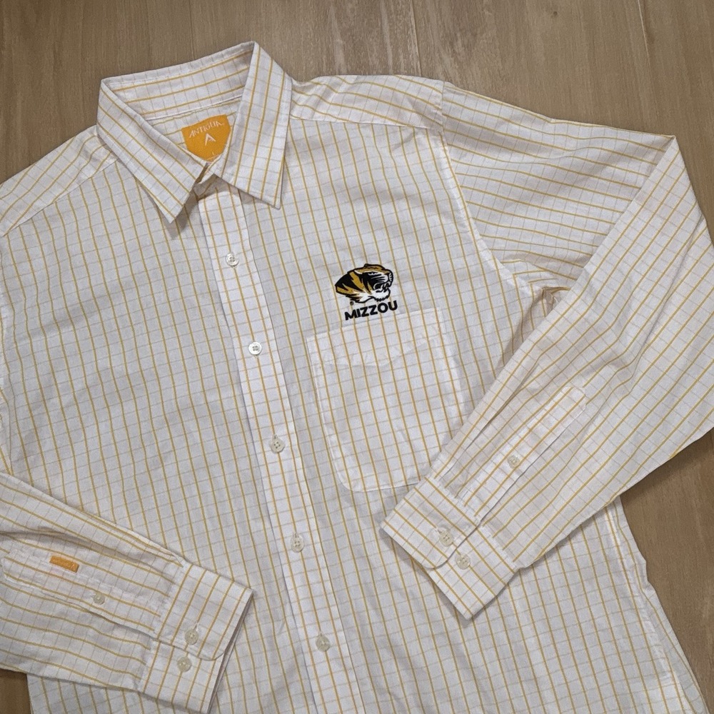 Mizzou Men's Large White And Yellow Checkered Button Up Antigua Collegiate Plaid